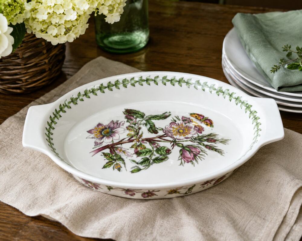 Portmeirion Botanic Garden Dog Rose Oval Gratin Baking Dish 11" Handles